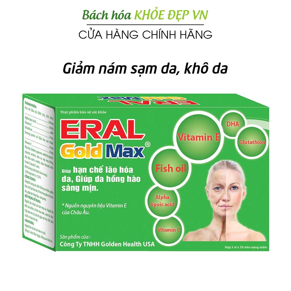 Viên uống đẹp da vitamin E C, glutathion, dầu hoa anh thảo giúp sáng da, giảm nám sạm da - 30 viên [ERAL GOLD MAX]