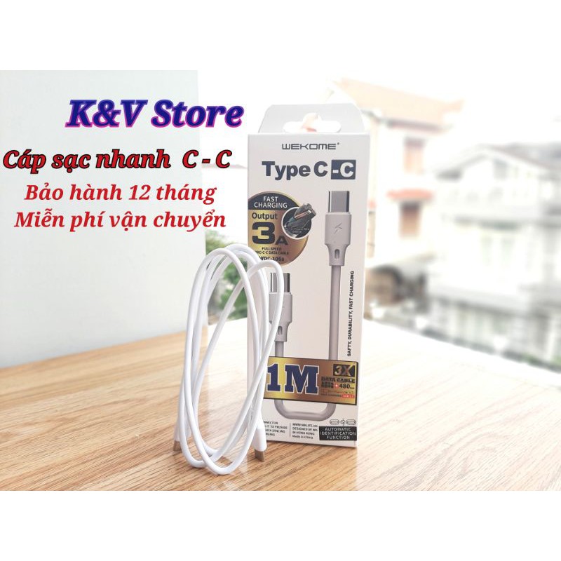 Cáp Sạc Nhanh Wekome 3A, Cổng Type C - Type C, Bảo hành 12 tháng 1 đổi 1