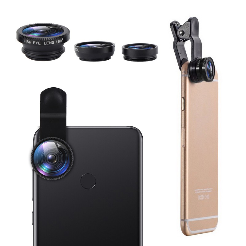 Ống kính 3 trong 1 gồm mắt cá / góc rộng / macro kẹp camera điện thoại cho iPhone Xiaomi Huawei Lenovo