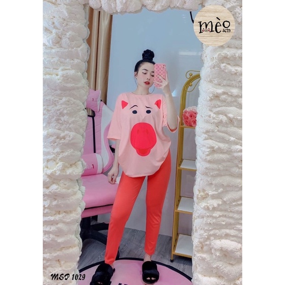 [Chuyên Sỉ] Bộ thun heo hồng quần legghing dài, vải cotton mềm mịn và quần co dãn dày dặn.