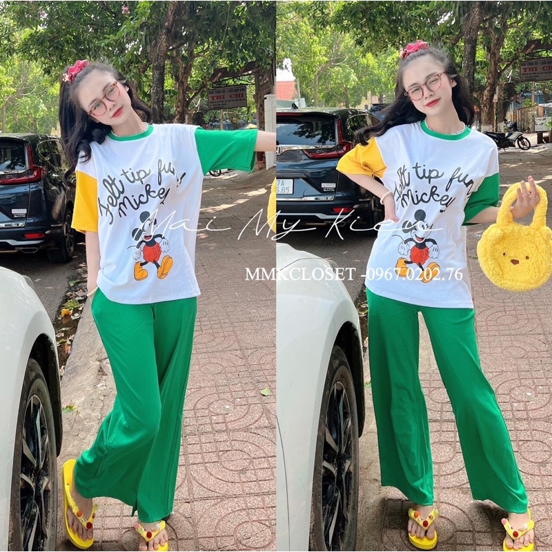 ( Xã kho)Set quần suông áo cotton micky phối viền xinh xắn