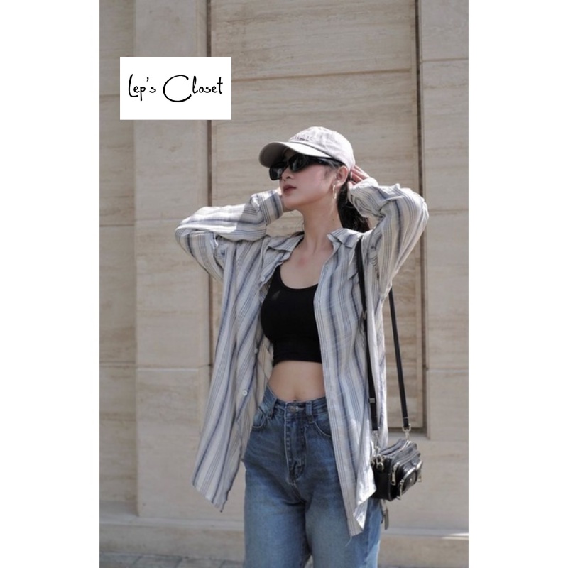 Áo sơ mi nữ Cotton sọc tay dài , áo sơ mi giấu quần khoát ngoài cá tính