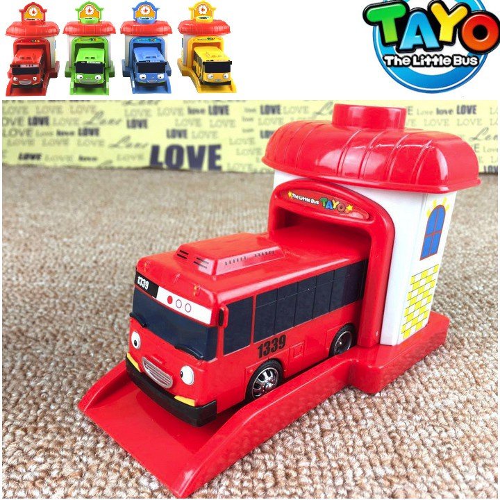 Đồ chơi xe buýt Tayo kèm nhà xe có nút bấm đẩy cho xe chạy the little Tayo bus