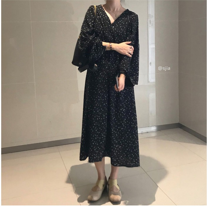 Xiaozhainv Đầm dài tay cổ V họa tiết thời trang phong cách Hàn Quốc xinh xắn | BigBuy360 - bigbuy360.vn
