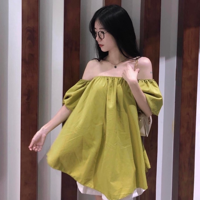 Áo trễ vai tay bồng hở vai nữ dáng xòe rộng dễ thương HOT TREND