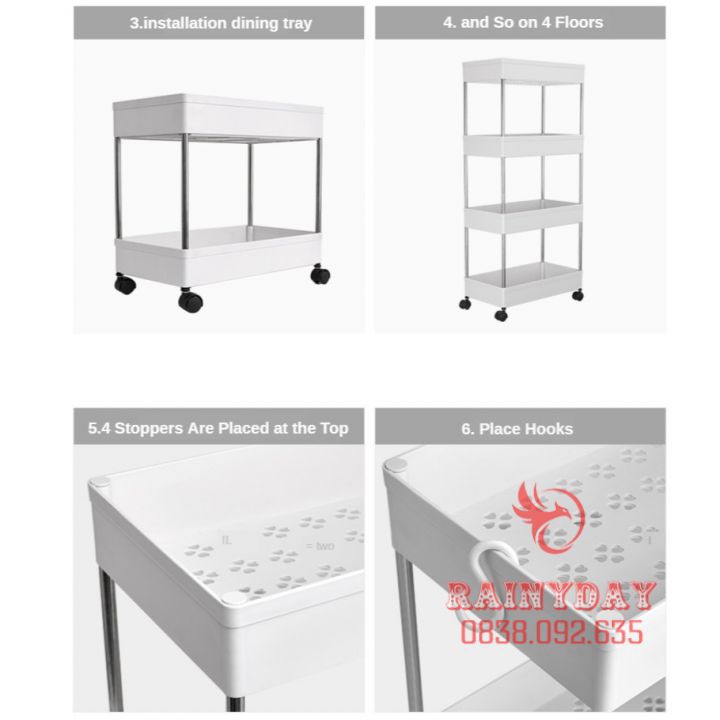 Kệ nhựa để đựng đồ đa năng 4 tầng có bánh xe đẩy di động khung inox