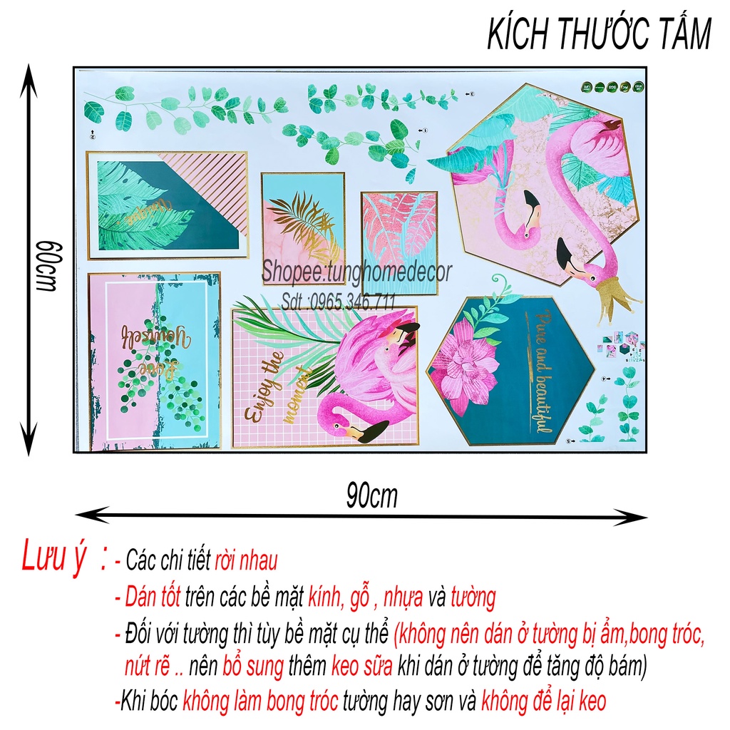 Decal dán tường hàn quốc trang trí phòng ngủ TUNG DECOR  Khung Hồng Hạc nhiều mẫu KT 60X90cm