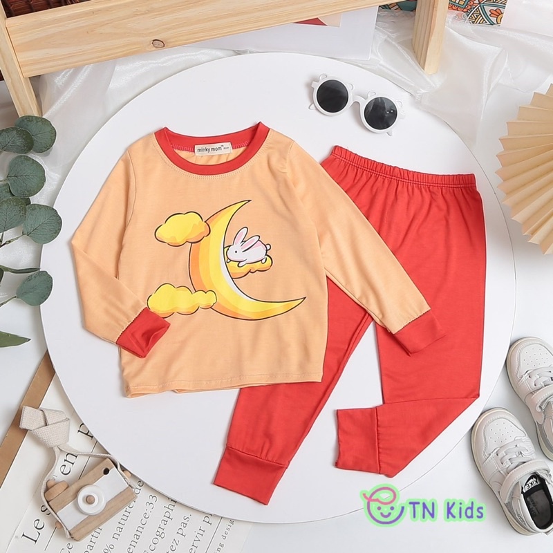 NT084 Bộ dài tay thun lạnh Minky Mom in hoạ tiết con vật dễ thương phối viền màu cho bé trai, bé gái
