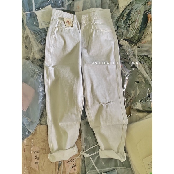 Quần Slim Jean Nữ Ống Đứng Trắng Kem Rách Sườn Ver.2 Lưng cao