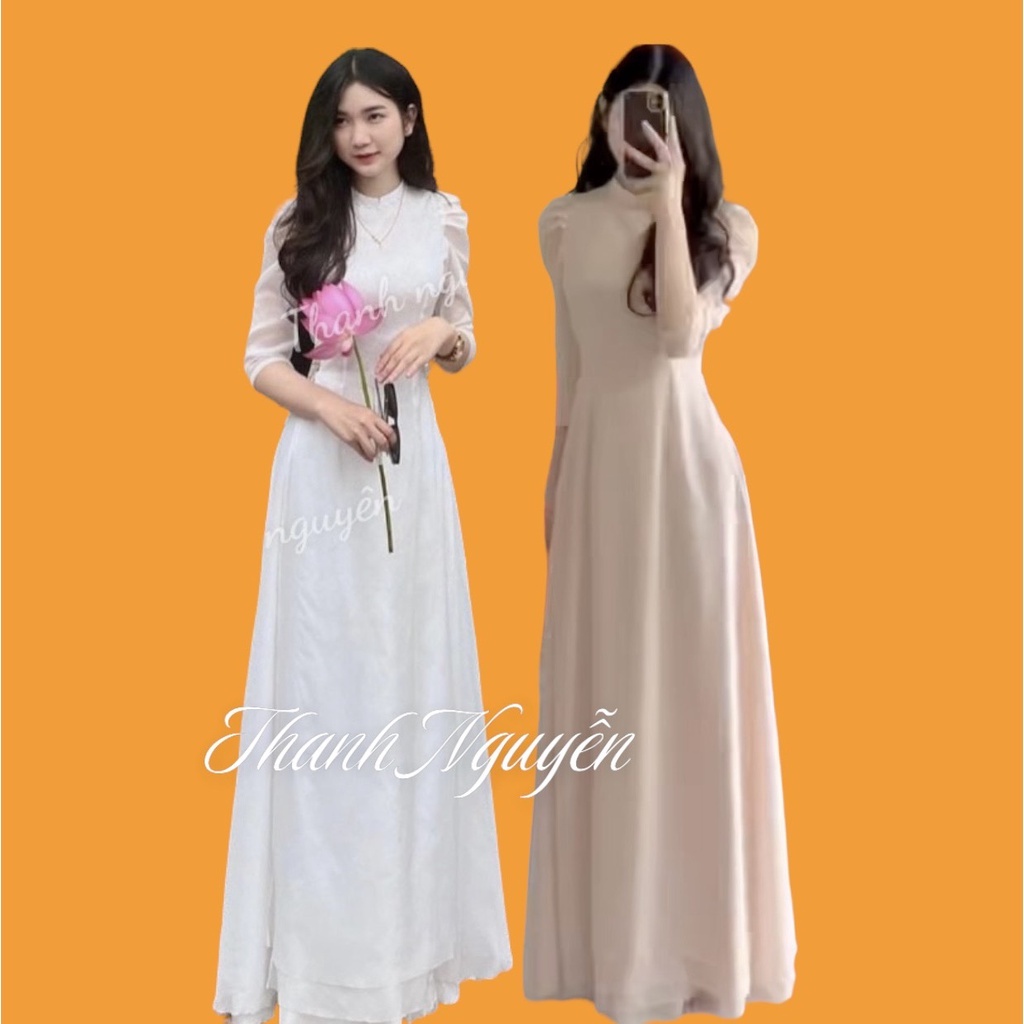 Áo dài vai bồng chất voon tơ mềm 4 tà , áo dài học sinh