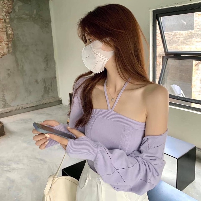 Aome - Set áo cardigan len mỏng cùng áo quây Knit Set