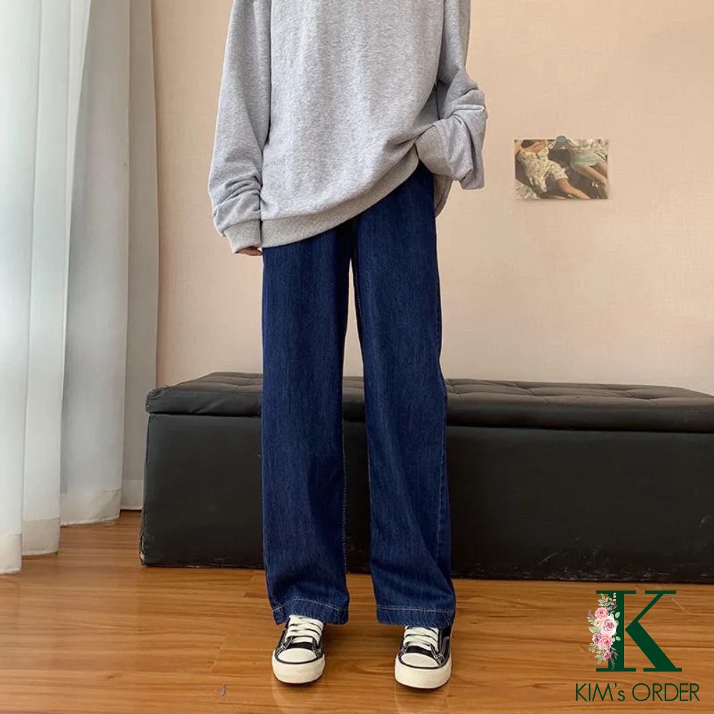 Quần jean nam nữ màu xanh than dáng Unisex ống suông rộng lưng cao phong cách Ulzzang basic chất liệu co dãn loại 1