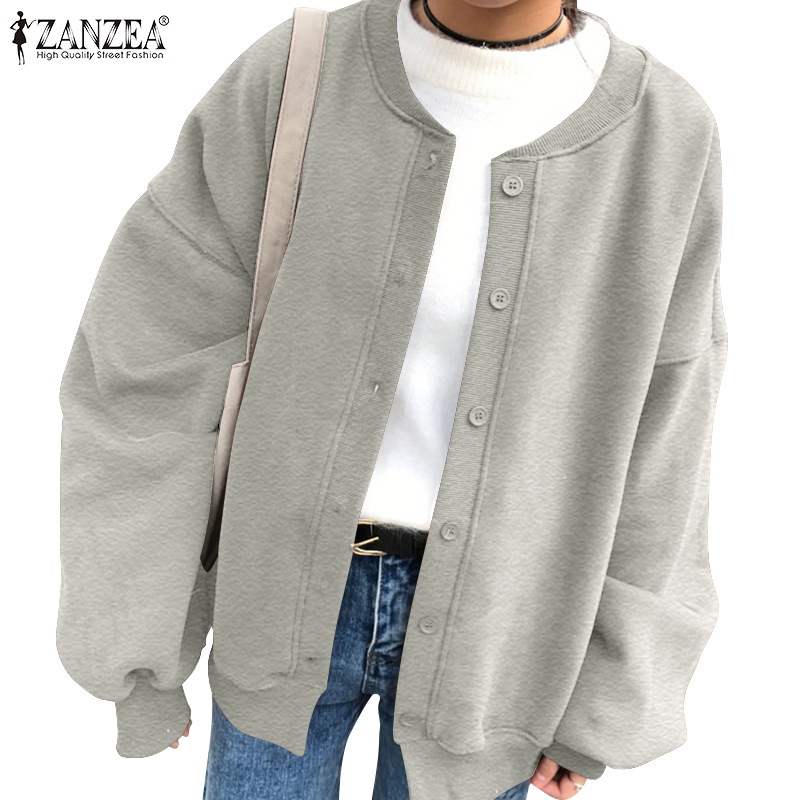 Áo khoác ZANZEA dáng rộng và dài thiết kế tay phồng cổ tròn màu trơn thời trang cho nữ
