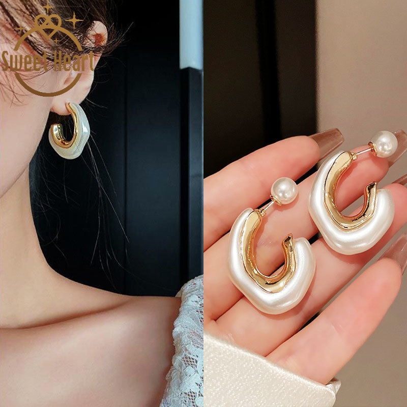 Bông Tai Mạ Bạc 925 Hình Trái Tim Đính Ngọc Trai Phong Cách Hàn Quốc Cho Nữ