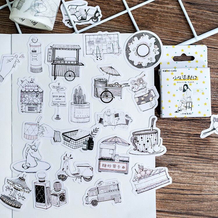 Bộ 40 hình dán sticker Trắng Đen dễ thương trang trí sổ tay DIY