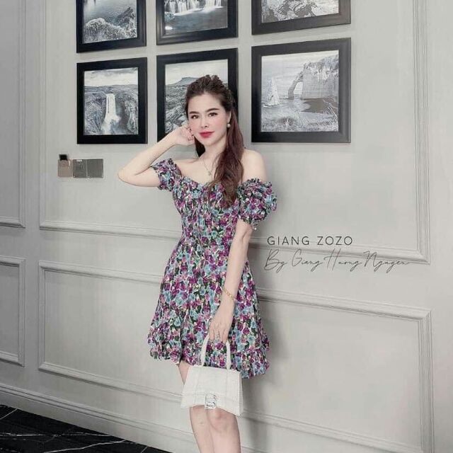 Đầm trễ vai hoa tím