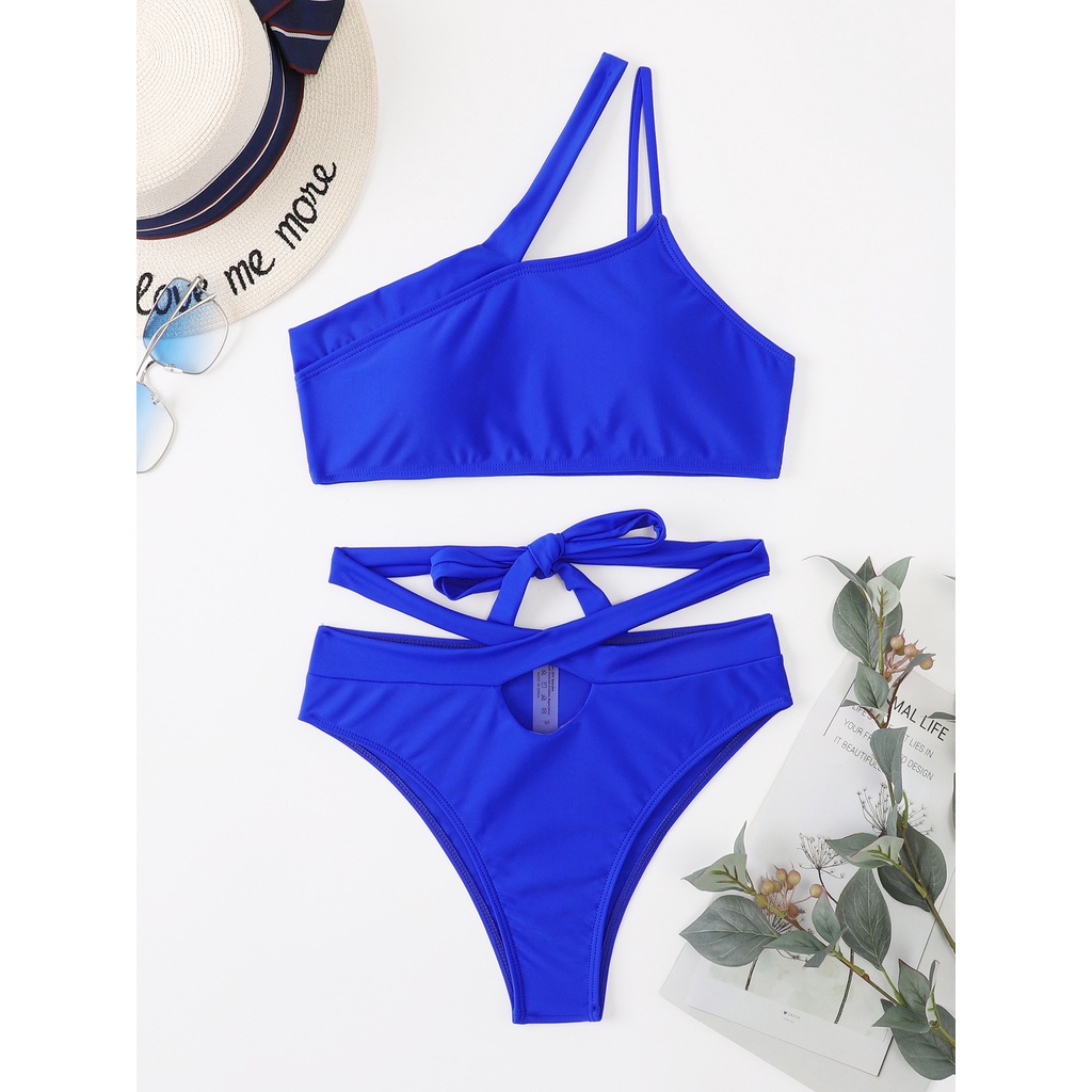 Bộ bikini màu trơn xẻ hở vai cột dây thời trang quyến rũ cho nữ