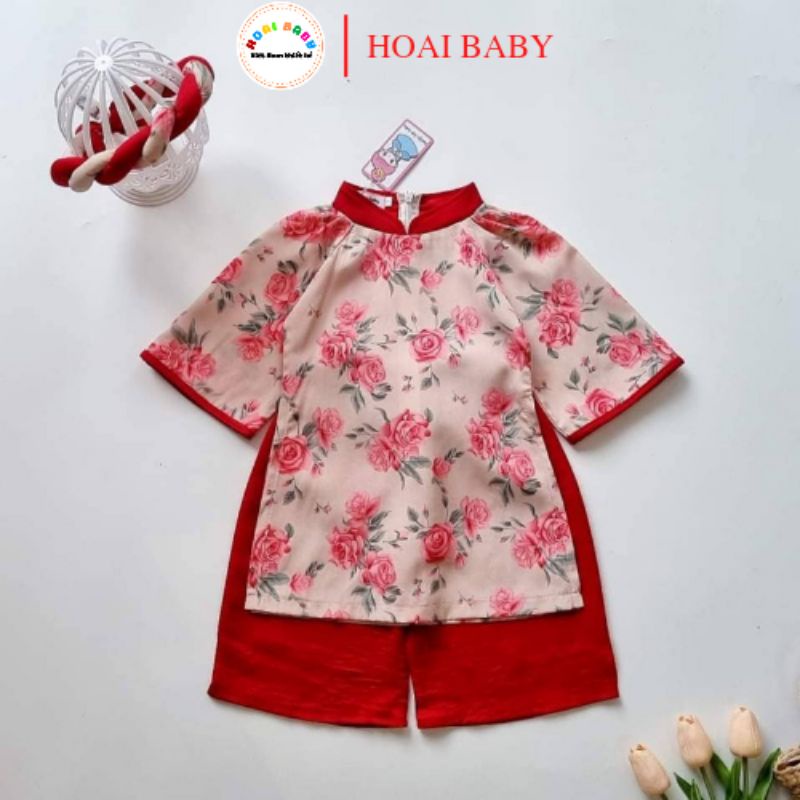 Áo dài cách tân mẹ và bé, áo voan Pháp, quần tằm ướt họa tiết hoa hồng siêu cưng kèm mấn