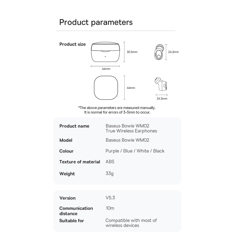 Tai Nghe Không Dây Baseus Bowie WM02 Bluetooth V5.3, 25h sử dụng, Kích thước nhỏ gọn, Thời Trang, APP Control