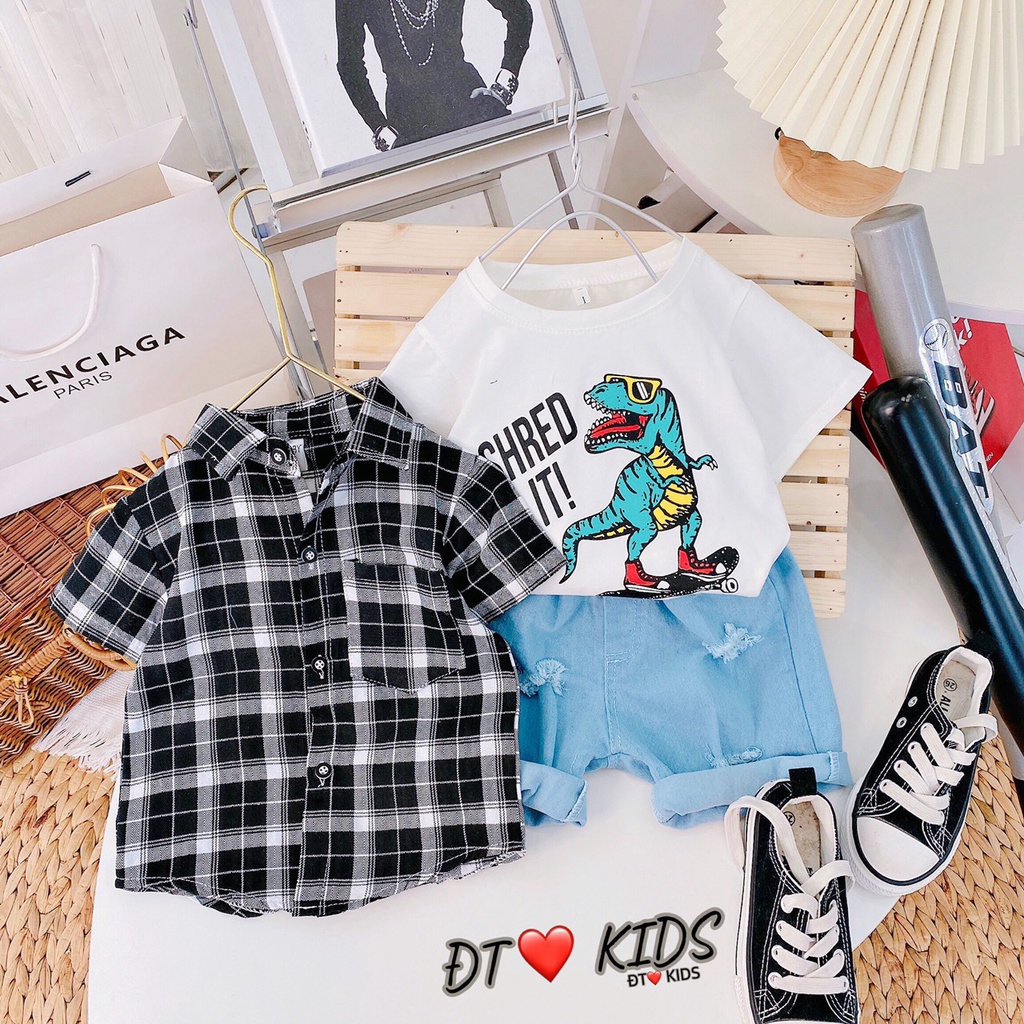 BOT24 - Bộ bé trai, bộ 3 chi tiết, Quần đùi Jean + áo thun cotton + áo sơ mi cộc tay bé trai từ 8-21kg