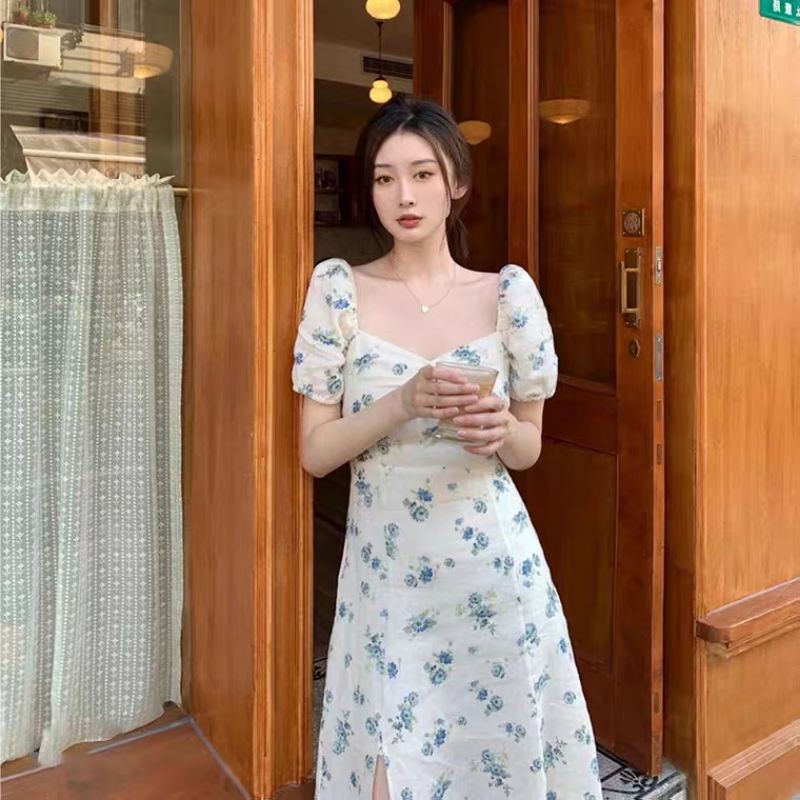 Váy đầm midi hoa xanh xẻ tà siêu xinh size S