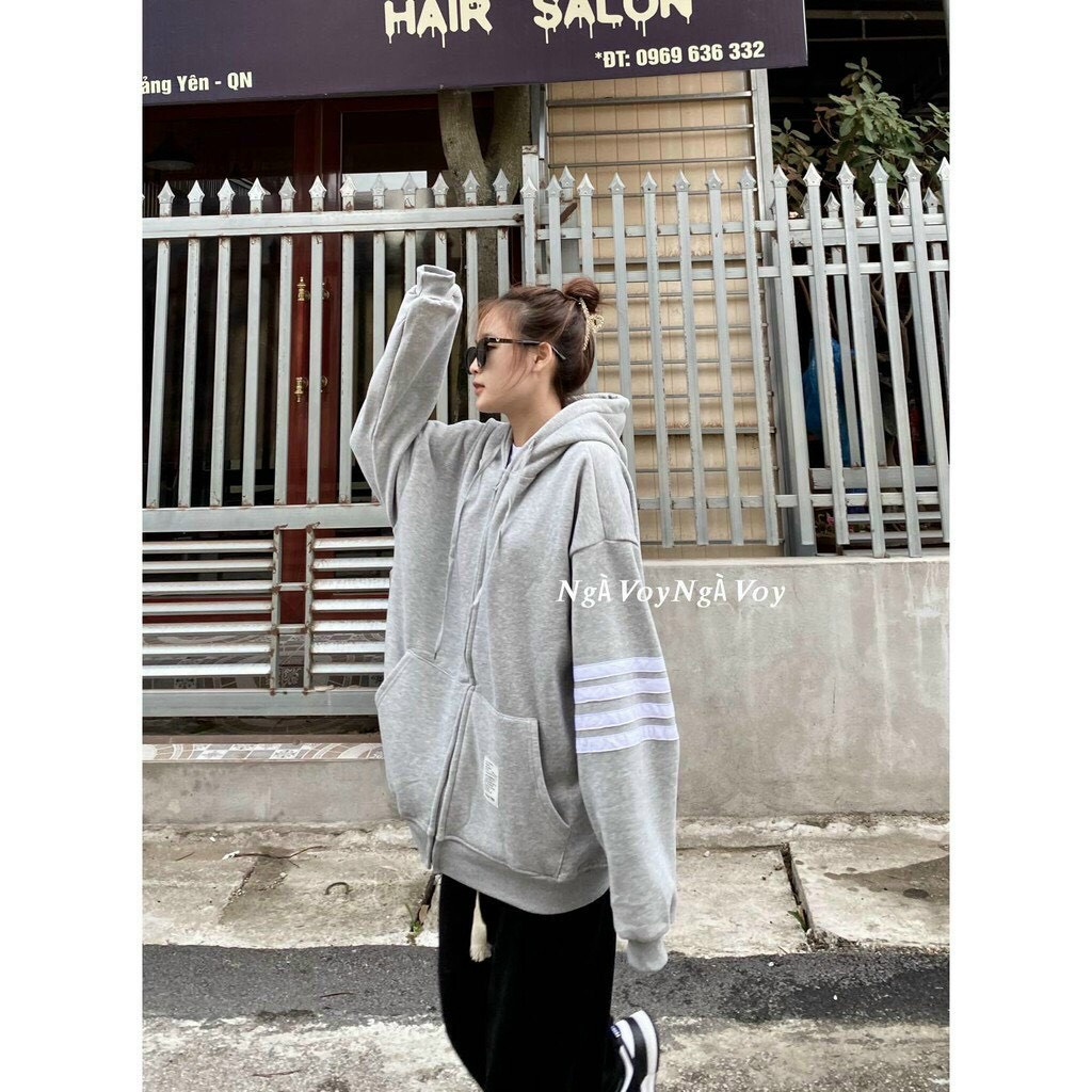 Áo Hoodie Nỉ ngoại  Nữ có nón tay 3 sọc From Rộng chất Vải Dày Dặn Ấm Áp - Minastore