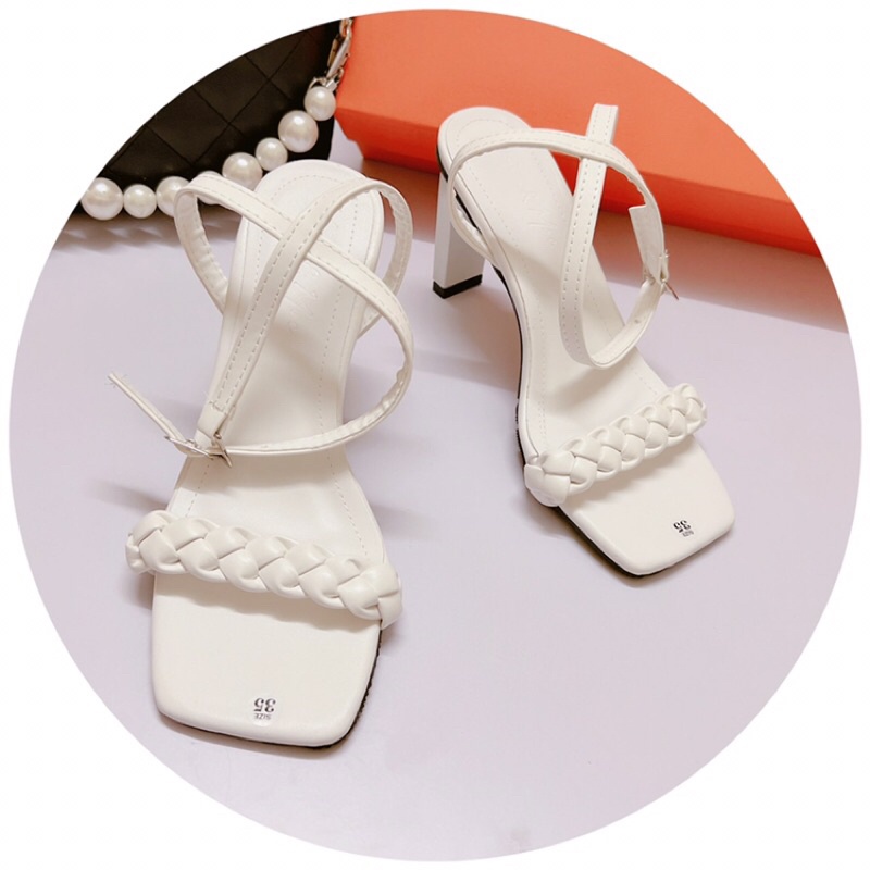 Sandal nữ cao gót 8p quai tết nhỏ gót dẹt-Hàng có sẵn