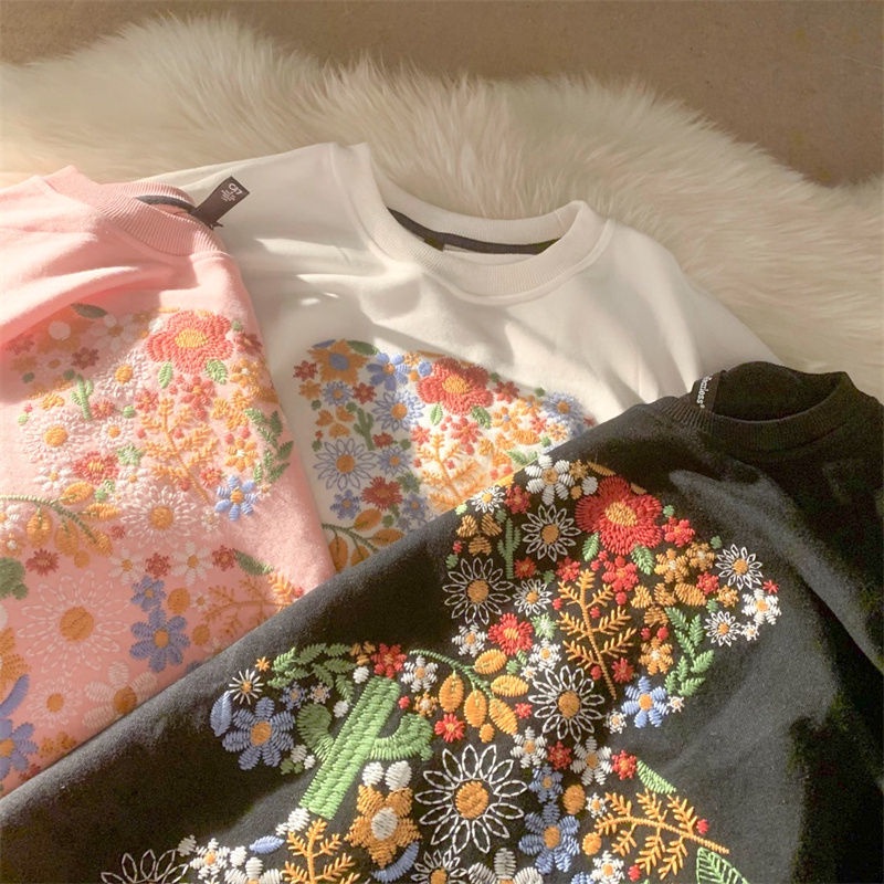 Áo Thun Sweater Mỏng Chui Đầu Dáng Rộng Thêu Hoa Nhỏ Dễ Thương Thời Trang Xuân Thu Cho Bạn Gái