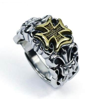 Vintage taisilver 925 Sterling bạc Cross men ring nam giới mở miệng sống cá tính thời trang xu hướng có thể điều chỉnh