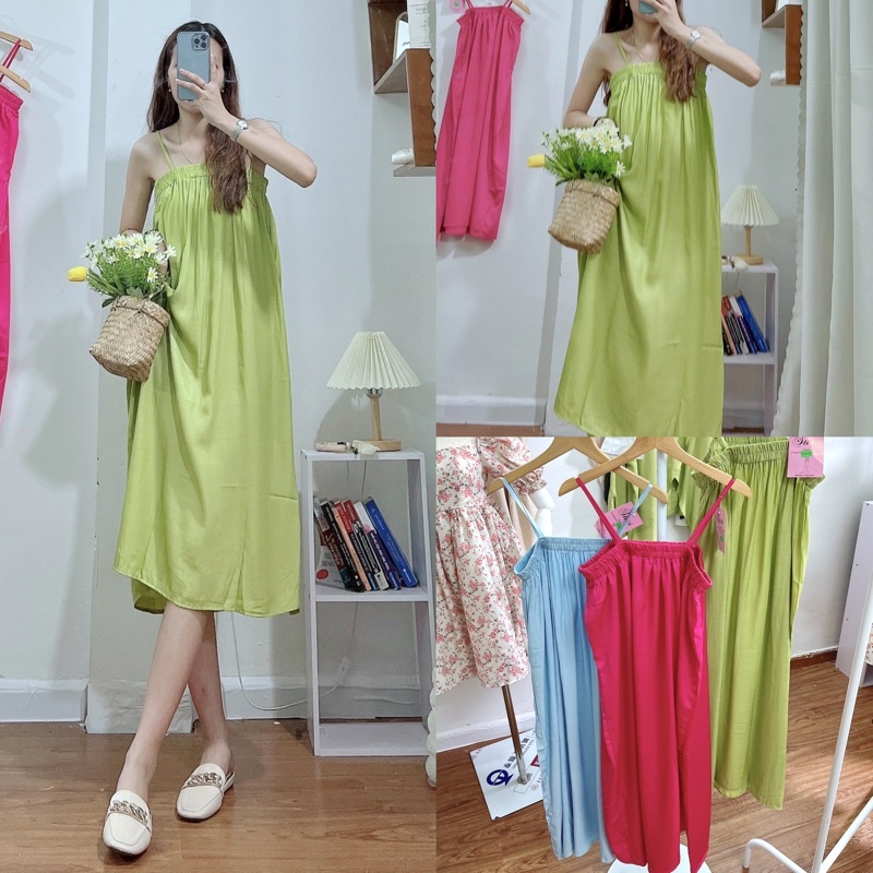 [Ảnh thật/Video] Váy hai dây đũi lụa nhún ngực dáng babydoll nhiều màu phong cách ulzzang