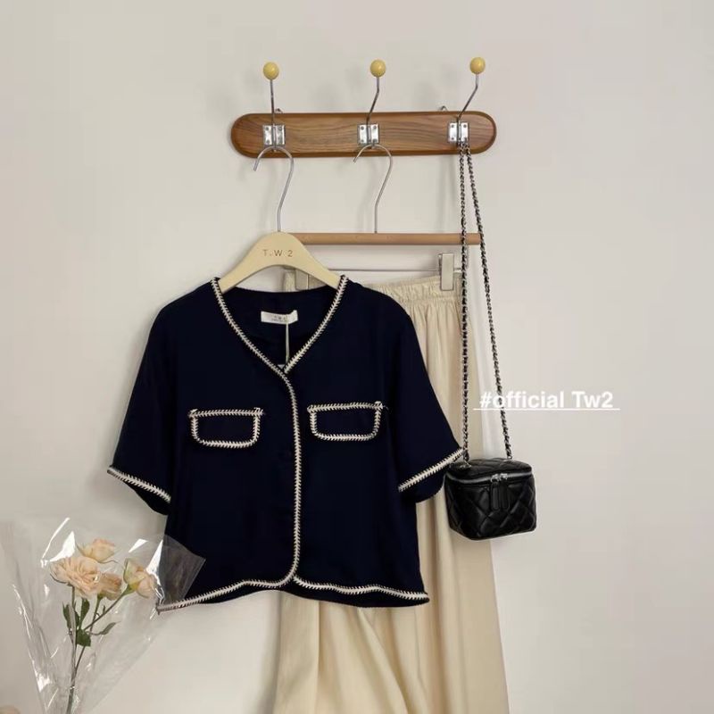 Áo khoác kiểu sơ mi dạ tweed mỏng xước ướt cổ V dáng croptop Hàn Quốc chất mát - Ảnh thật Yena Closet
