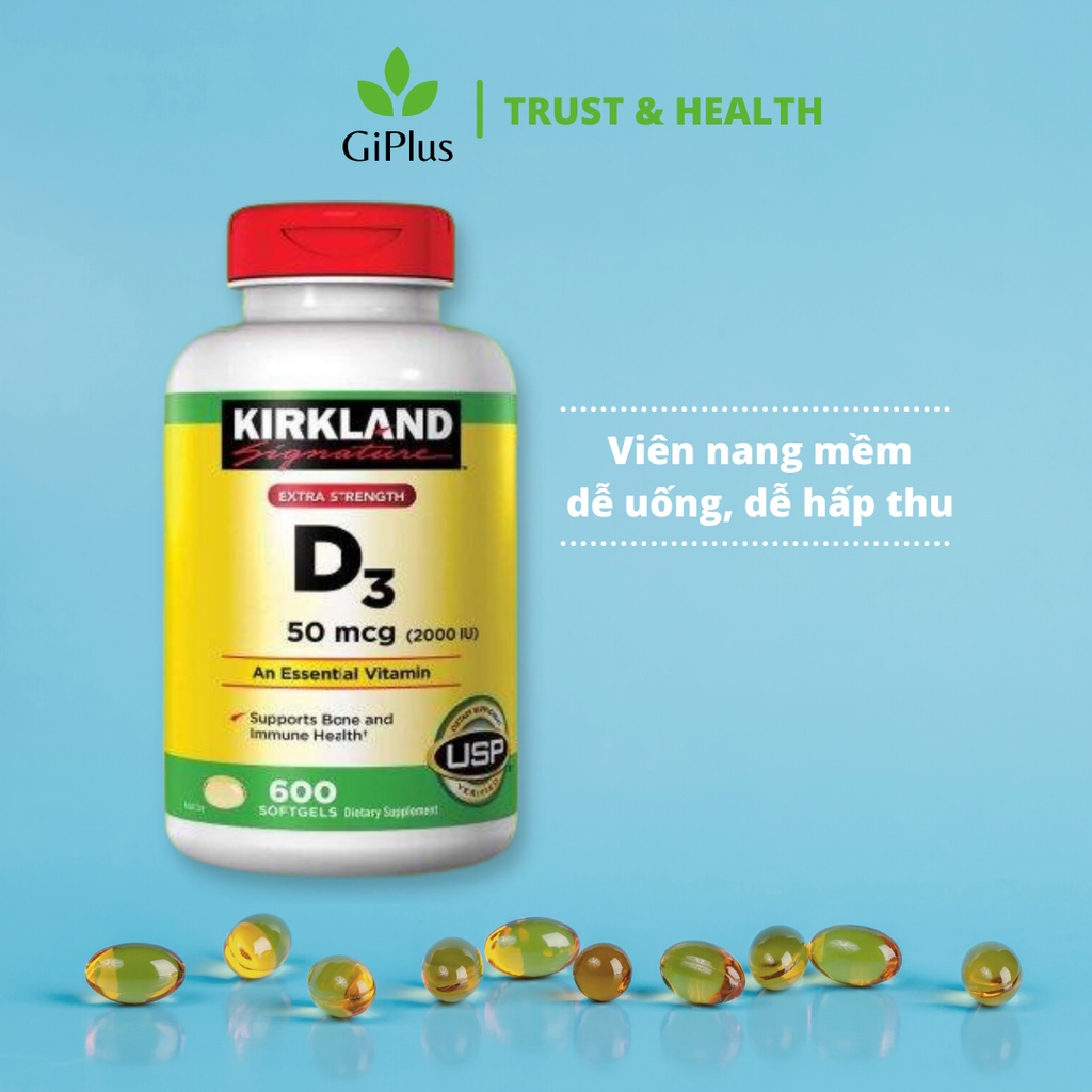 Viên Uống Vitamin D3 Tăng Cường Đề Kháng, Hỗ Trợ Xương Khớp Extra Strength 50mcg 2000IU Kirkland Signature (600 Viên/Lọ)