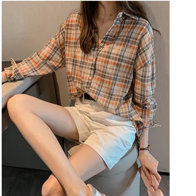 Áo Sơ Mi Nữ Dáng Rộng Họa Tiết Caro Phong Cách Retro Mới