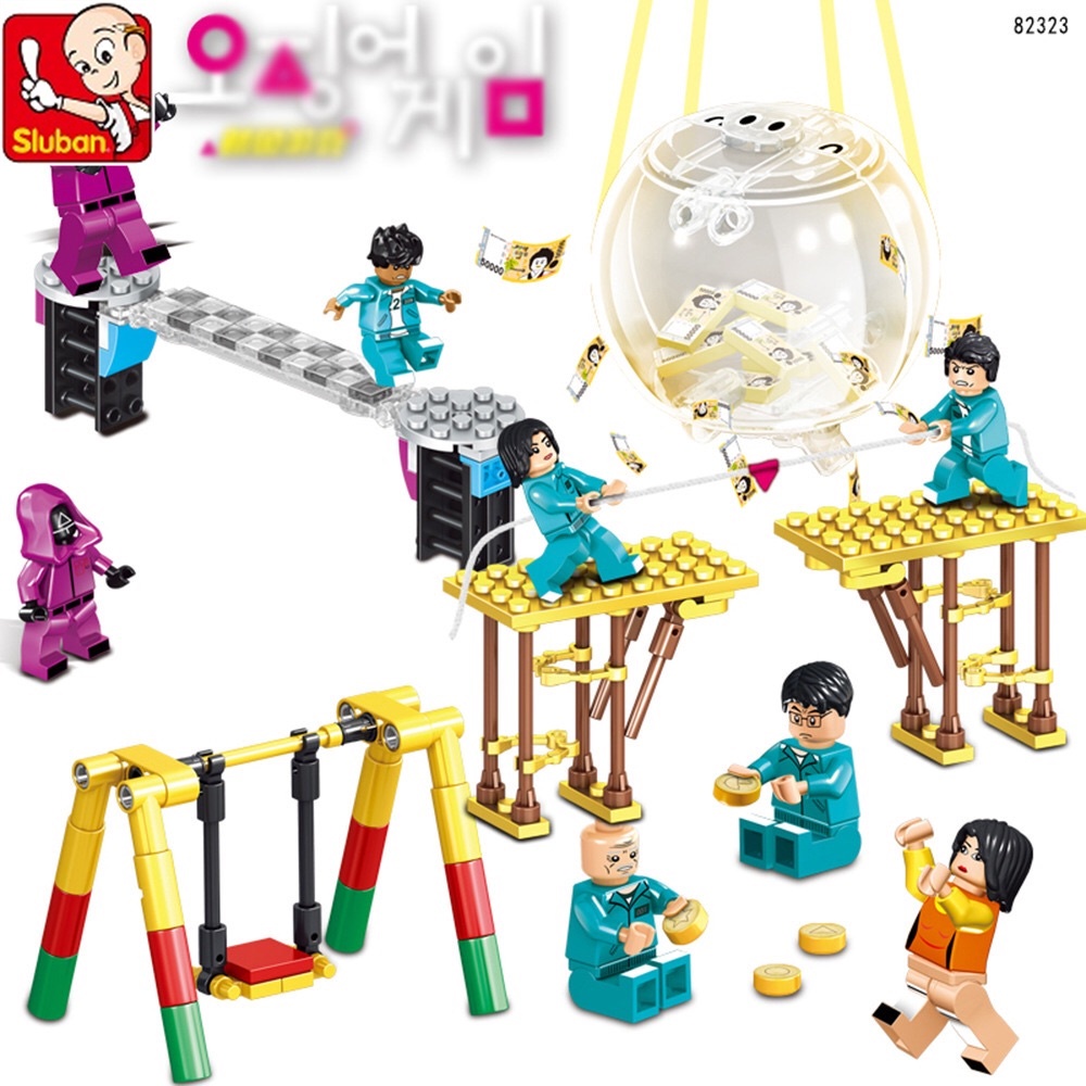Bộ đồ chơi lắp ráp SLUBAN mô hình Squid Game quả cầu tiền cầu kính kẹo đường kéo co trên cao 342 mảnh cho trẻ em