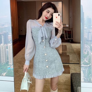 Váy dạ tweed tay voan cổ nơ dáng xoè ngắn ORDER [Ảnh thật 4-8]