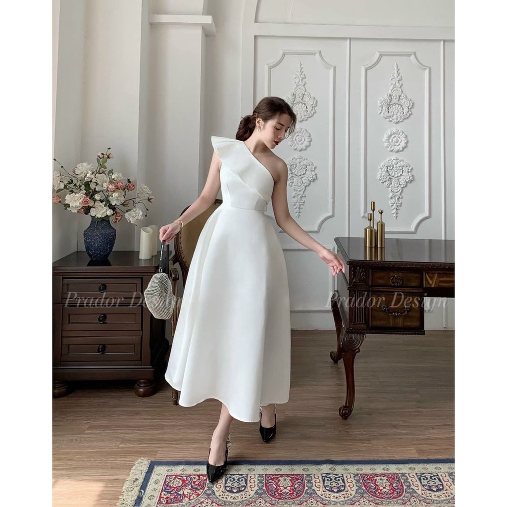 [HCM] Đầm Xòe Lệch 1 Bên Vai Chất Liệu Bóng Lụa Thời Trang Nữ Sam Closet Free Size 40-55kg