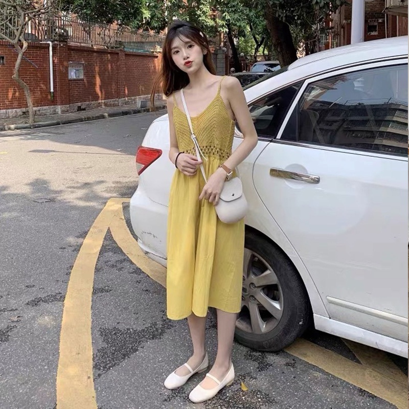 Đầm Midi Hai Dây Dáng Chữ A Lưng Cao Thời Trang Đi Biển Cho Nữ