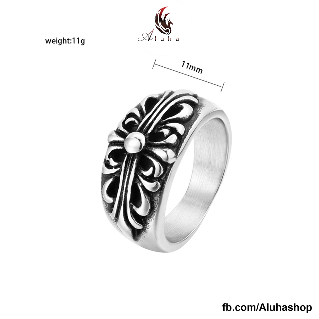Nhẫn Titan không rỉ Chrome Heart tinh xảo họa tiết hoa thập giá Floral Cross - R096 - Aluha