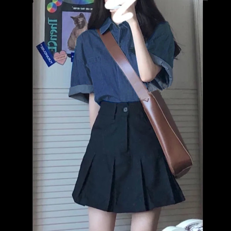 Set Áo Thun Tay Ngắn + Chân Váy Denim Xếp Ly Thời Trang Mùa Hè Cho Bé Gái