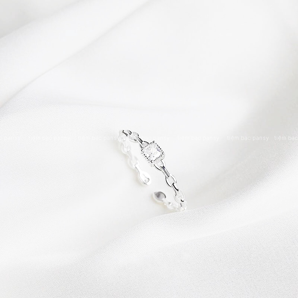 Nhẫn bạc nữ PANSY dạng dây xích hở freesize đính đá hình vuông, nhẫn xoắn bạc ta điều chỉnh được kích cỡ