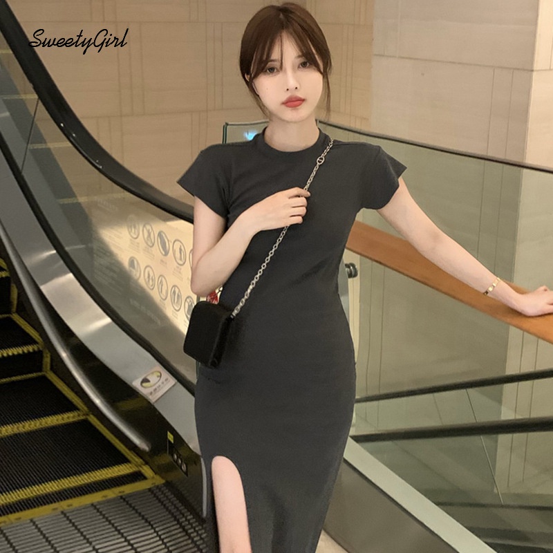 Đầm Maxi Tay Ngắn Cổ Tròn Màu Trơn Thời Trang 2022 Quyến Rũ Cho Nữ