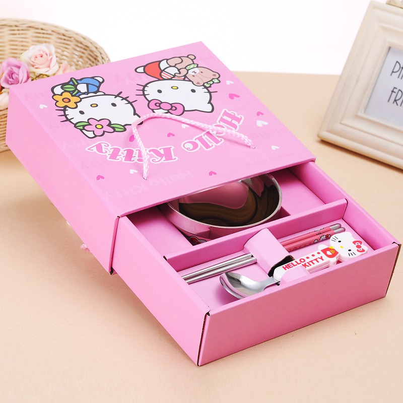 Bộ Bát Ăn Dặm Inox 2 Lớp Chống Nóng Cho Bé Hình Doremon Và Hello Kitty