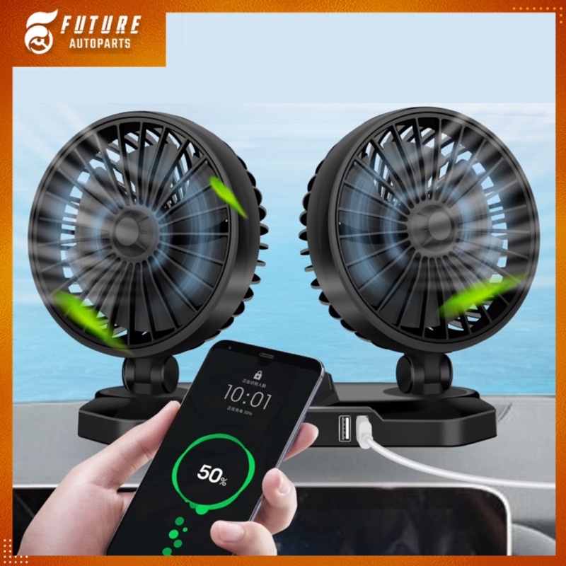 Quạt đôi đa năng quay 360 độ hỗ trợ cổng sạc USB tiện dụng dành cho xe hơi - Future Autoparts
