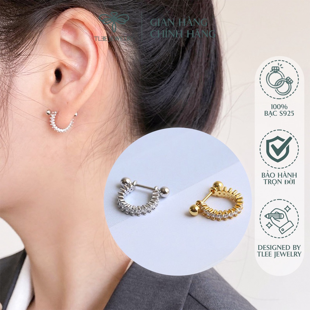 Khuyên tai bạc unisex TLEE cong nạm đá chốt vặn thẳng NCJ B0149