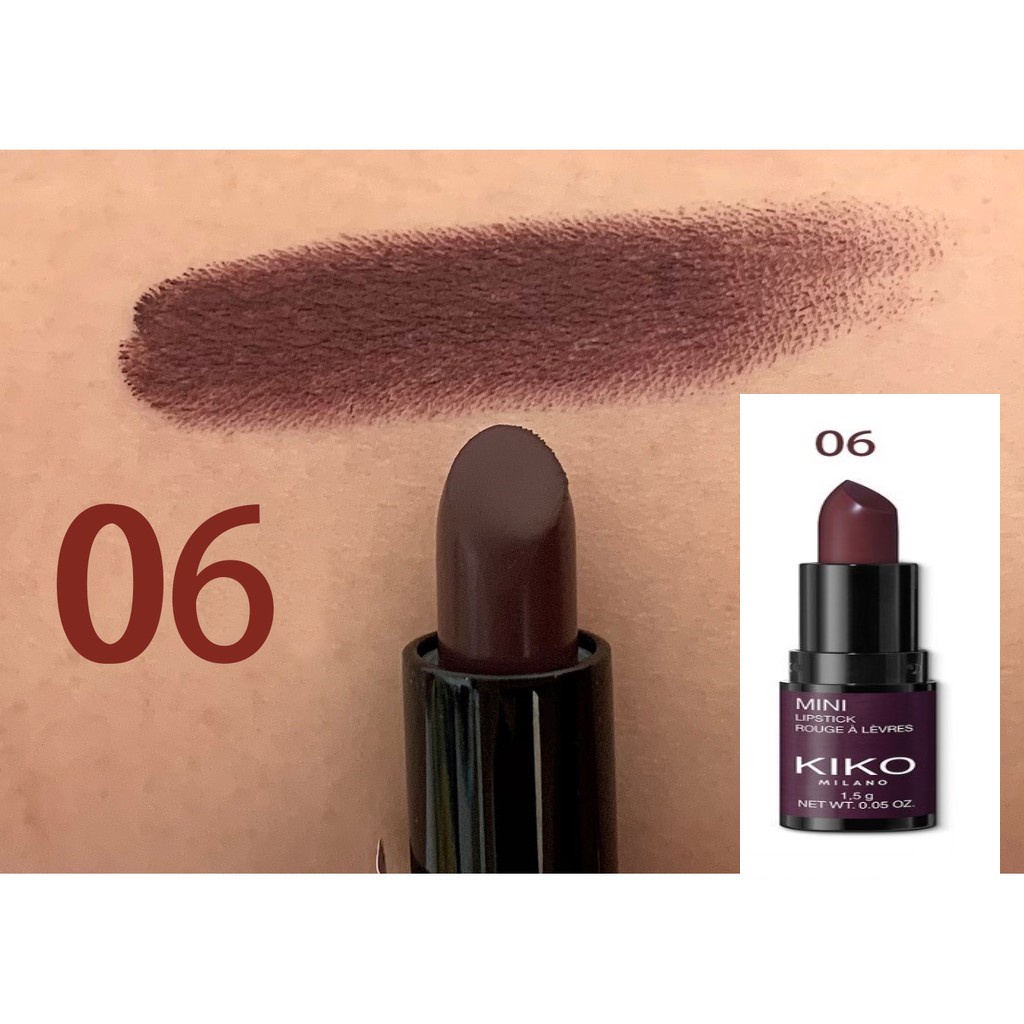 Son lì mini Kiko: 6 màu: hồng nude, hồng tím đất, hồng đất, đỏ nâu, tím hồng, tím đậm