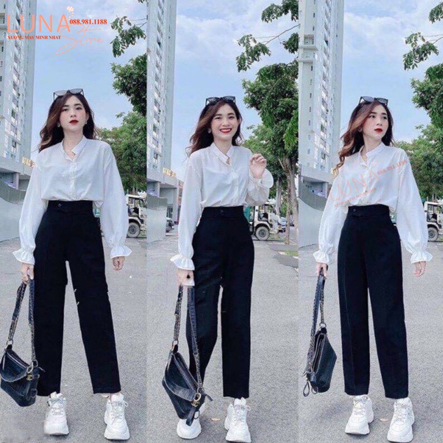 ❁▲❏Quần tây lưng cao nữ đi học công sở màu đen dáng dài baggy vải sinh cạp dày mềm phối áo sơ mi đẹp