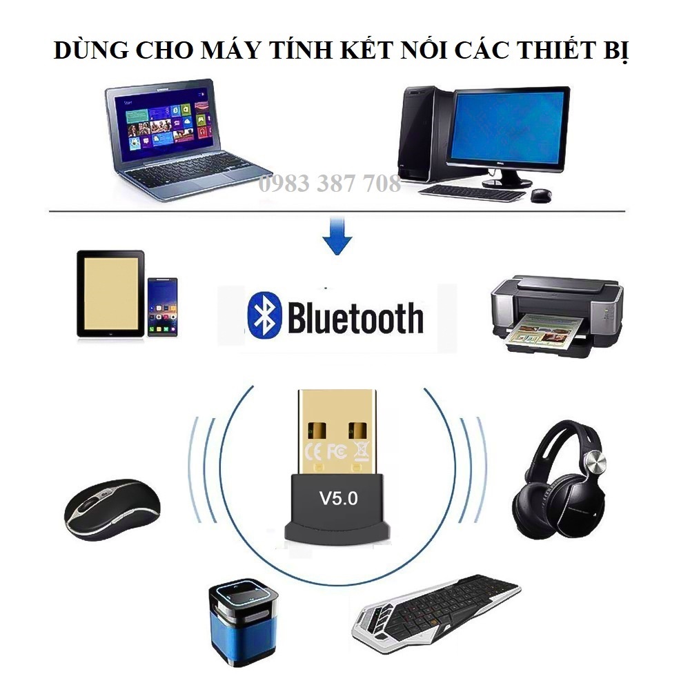 BẢN NÂNG CẤP MỚI NHẤT Usb Bluetooth 5.0 dongle cho máy tính, laptop kết nối chuột, bàn phím, loa tay cầm game, máy in...