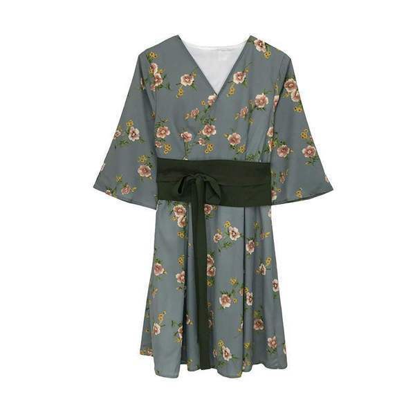 Đầm Kimono Cách Tân Màu Xanh Lá Phối Thắt Lưng