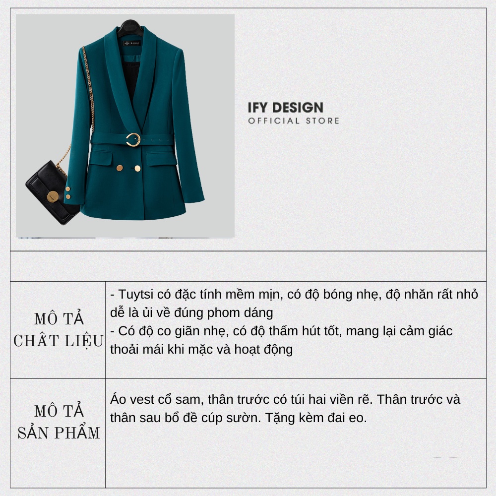 Áo vest nữ dáng suông màu xanh kèm đai eo IFY Design FS269A