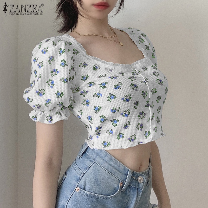 Áo ZANZEA tay phồng cổ chữ U thời trang thanh lịch cho nữ